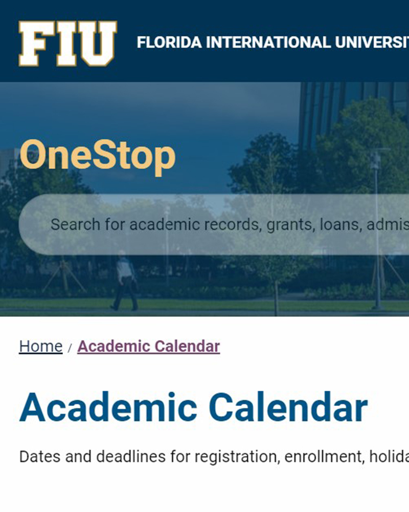 A screenshot of the online academic calendar page of the FIU website