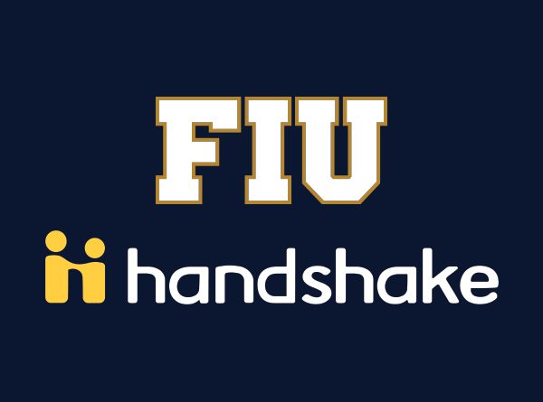 The FIU logo and Handshake Logo on a solid navy blue background