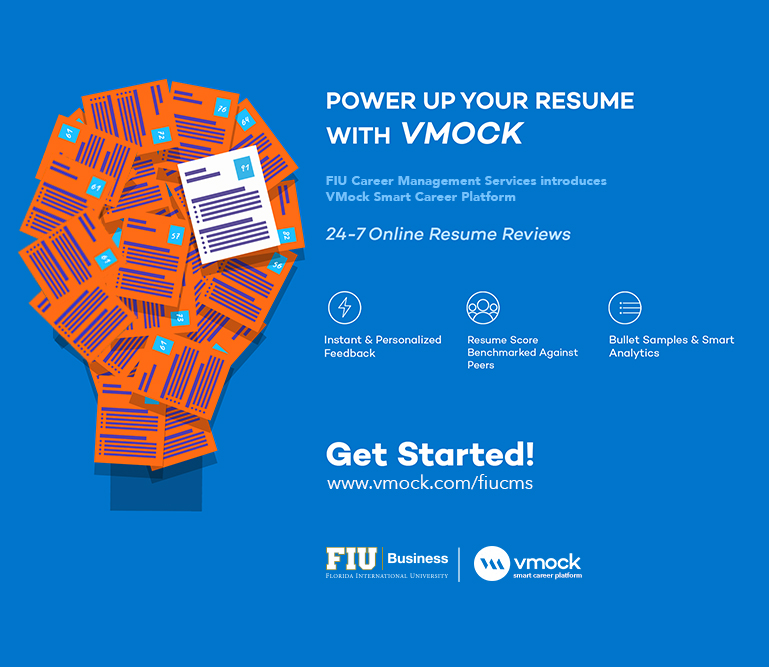 photo of vmock logo offering 24-7 Online resume reviews. get started at vmock.com/fiucms
