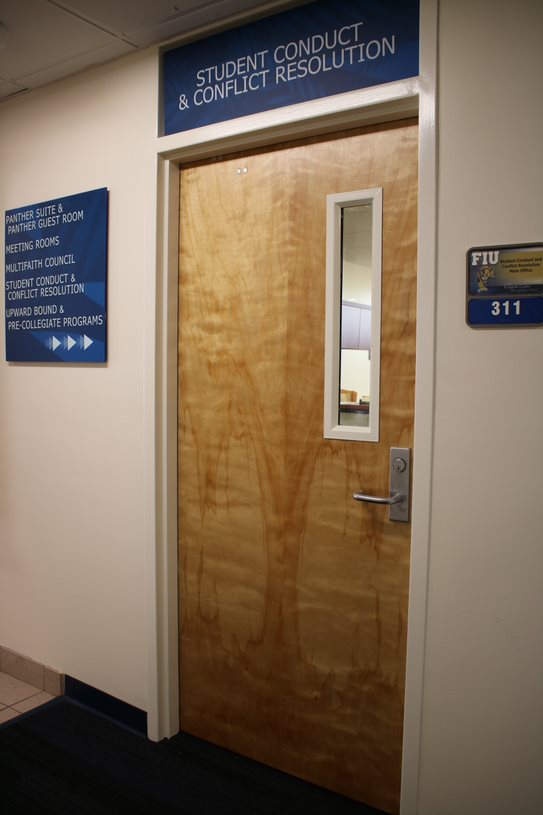 The entrance to the Student Conduct and Conflict Resolution Office, located in the Graham Center on the third floor. This office can easily be located by ascending the stairs to the third floor or by taking the elevator located behind Bustelo on the main floor of the Graham Center. 